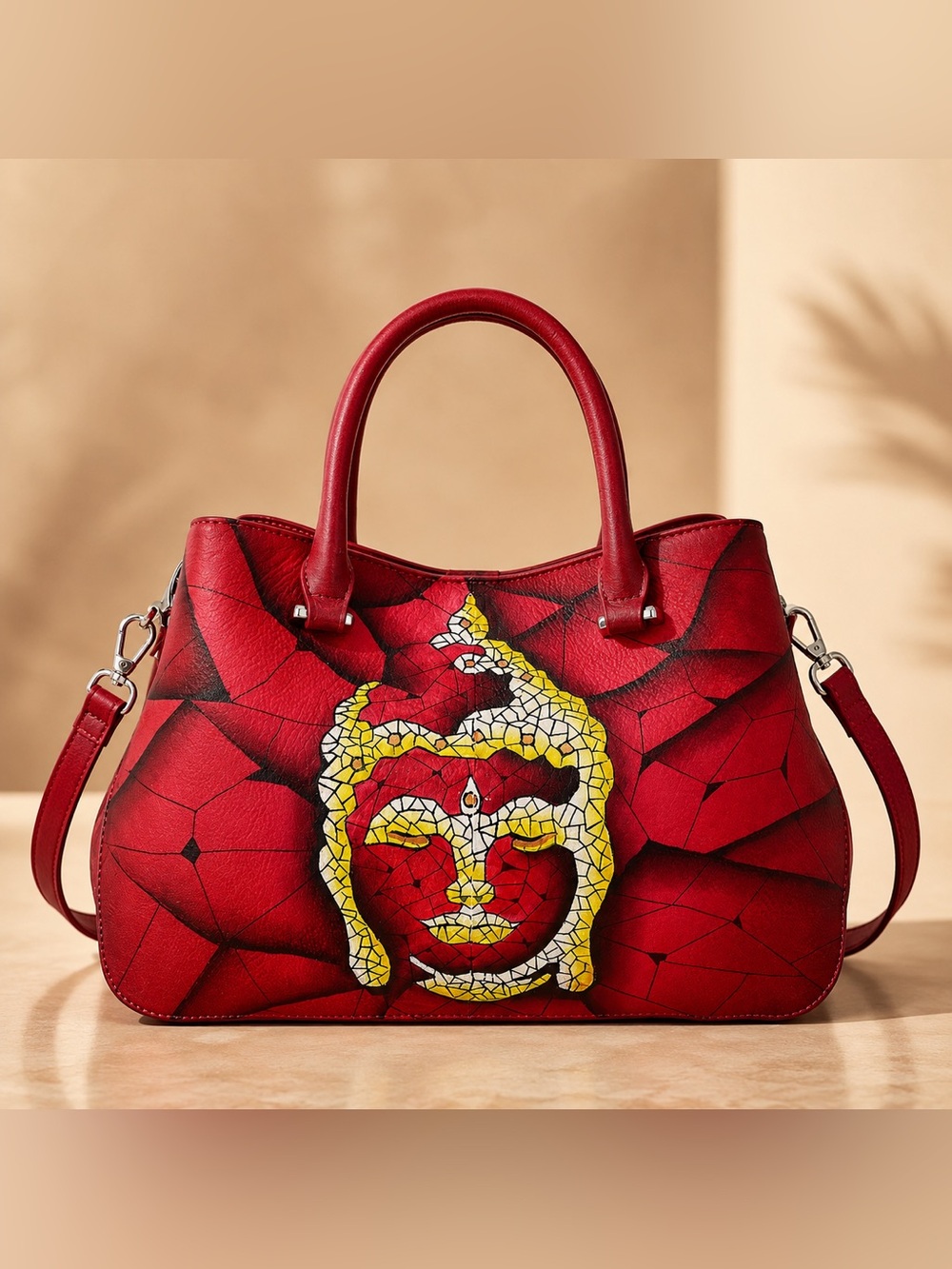 Wine Red Genuine Leather Buddha and Lotus 🪷 Hand Painted Bag